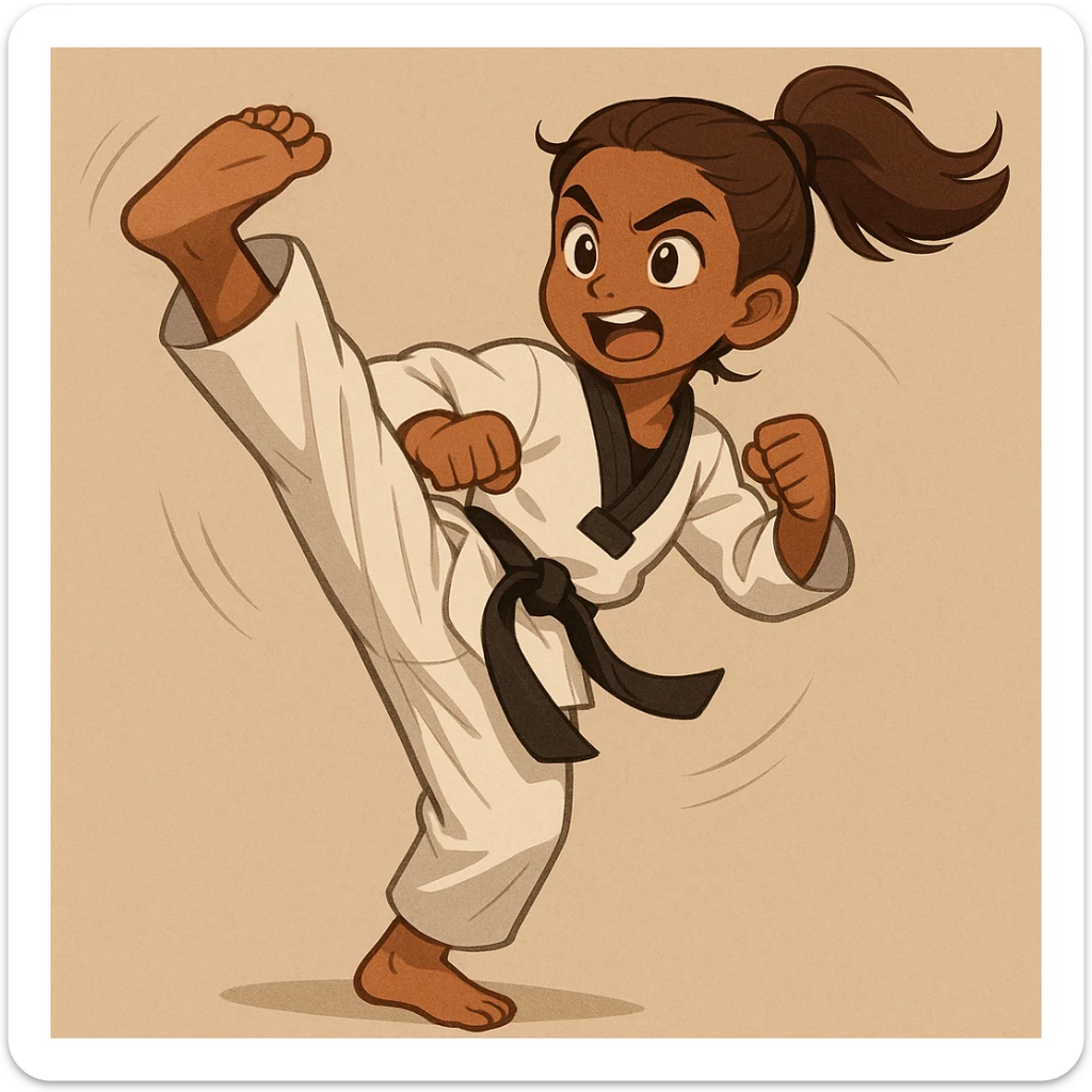 brown-skinned girl with brown hair in a ponytail performing a taekwondo kick, dynamic pose, energetic expression, simple background sticker