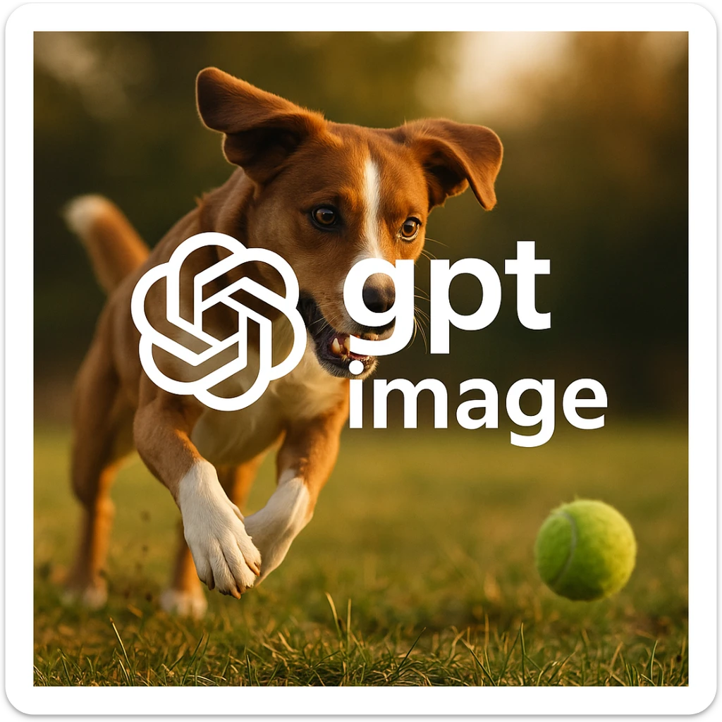  logo of chat gpt with text "gpt image" on the background of a dog chasing ball, realistic image sticker