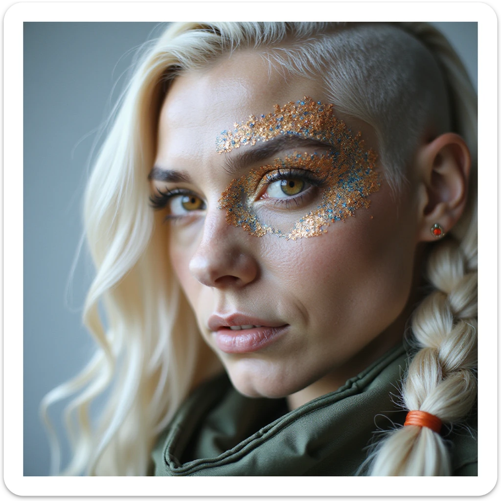 close up of a "20 crisp" banknote. futuristic, cyberpunk. stellar and planetary style designs adorn the bill. the face pictures is a woman in her 20's, gold yellow eyes, white hair in a single long braid, side of head shaved. she wears a military flight bdu sticker