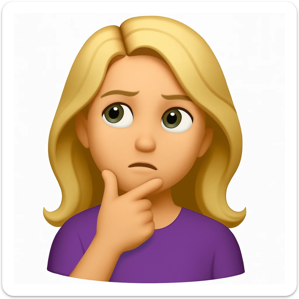 Create an iOS emoji style blonde woman with long hair and pale green eyes, thoughtful expression, based on the appearance in the reference image. sticker