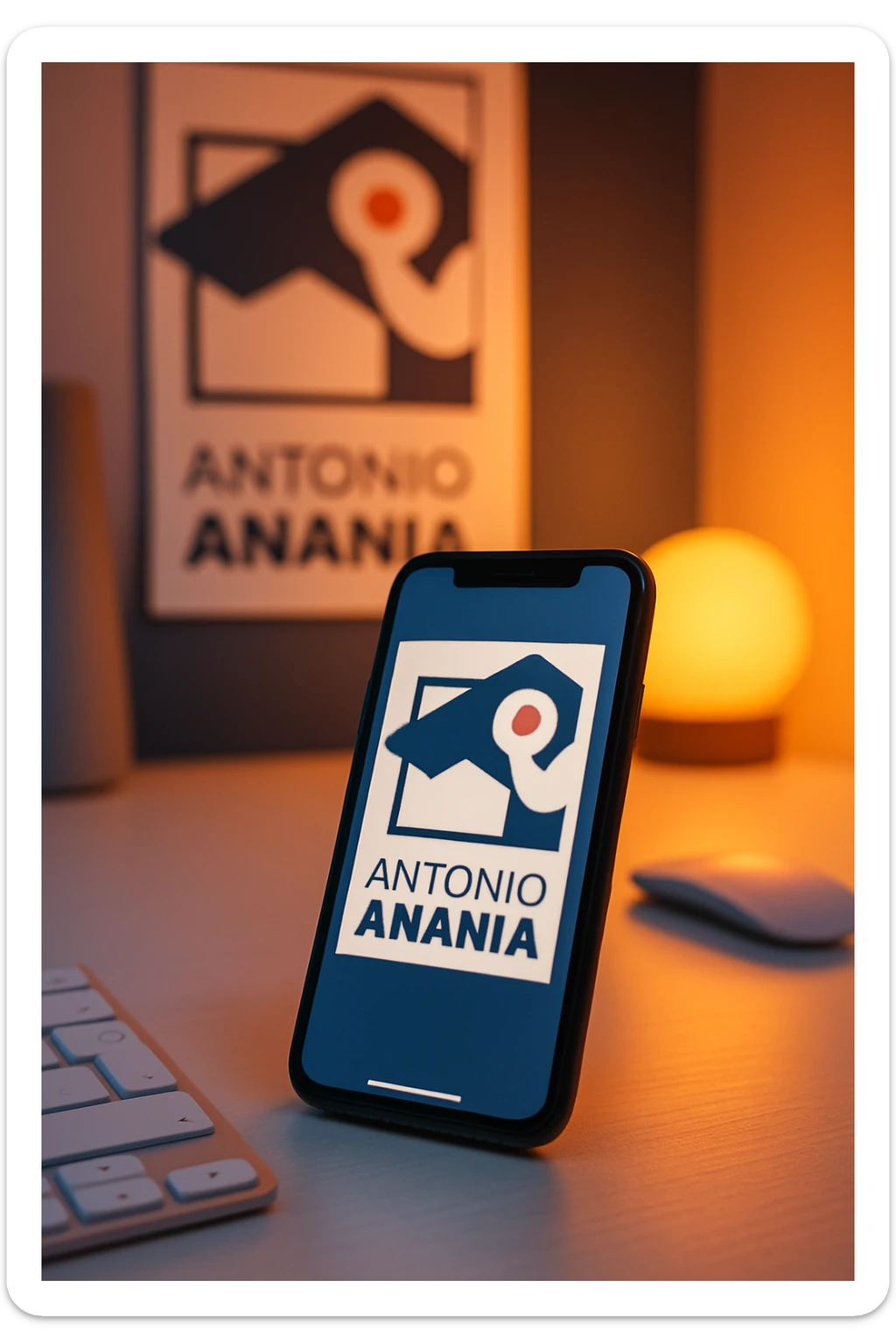 A photo of an iPhone on the desk with the logo of "Antonio Anania" on its screen, The phone sits atop a desk with a blurred with the logo in the background that suggests work environment. A faint glow from above casts gentle shadows across the surface of each object, creating depth and highlighting their textures sticker