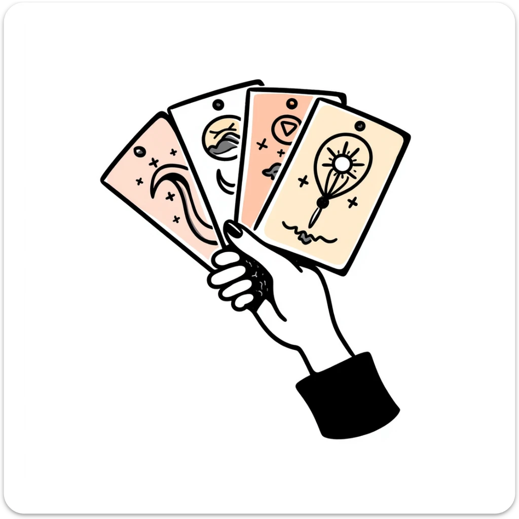 a hand holding a fan of mystical tarot cards with celestial symbols, pastel colors dd9fb0, ffc6d3, a3bfc9, c4bee2, f1b091, detailed hand-drawn doodle style sticker