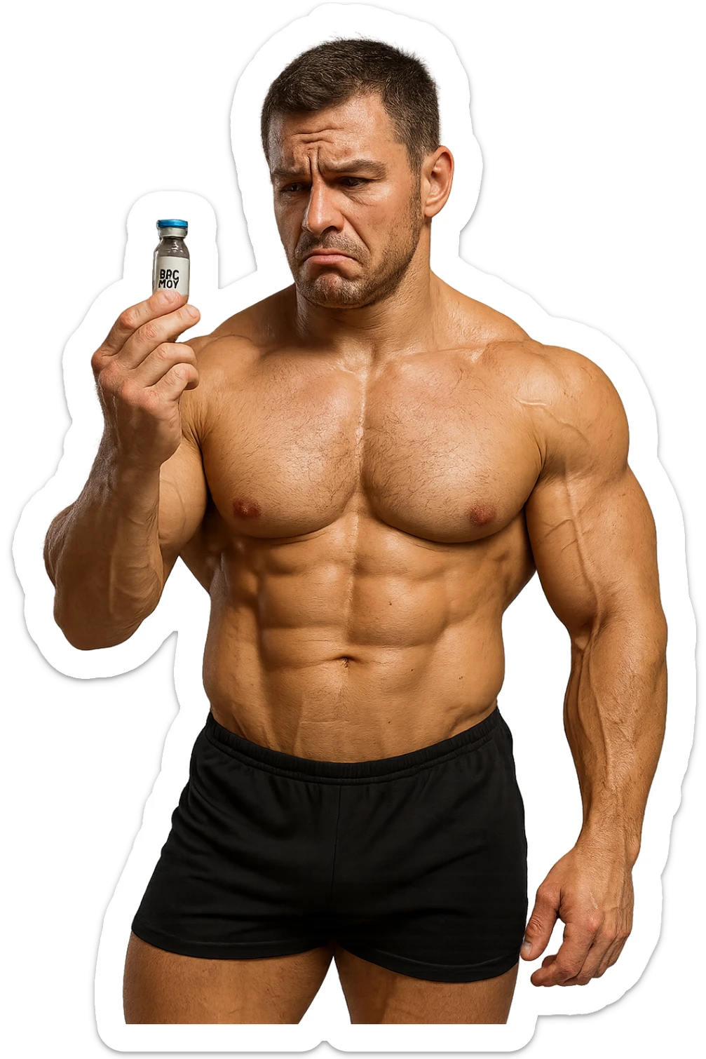 BODYBUILDER A FIGURA INTERA CHE TIENE IN MANO UNA FIALA MEDICA CON la scritta "BPC 157" SULL'ETICHETTA E LA GUARDA DUBBIOSO, iperrealistico 4k sticker