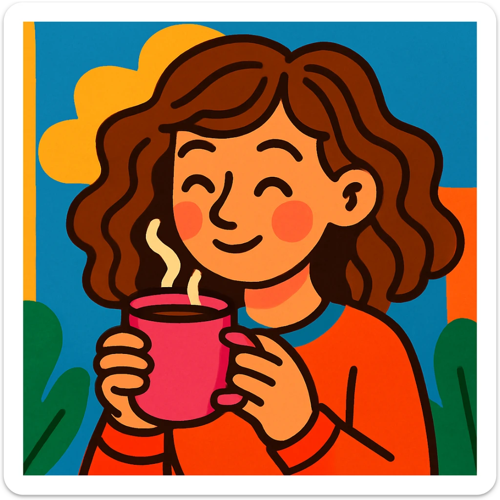 white girl with wavy brown hair, drinking coffee from a pink cup, vibrant and friendly illustration style sticker