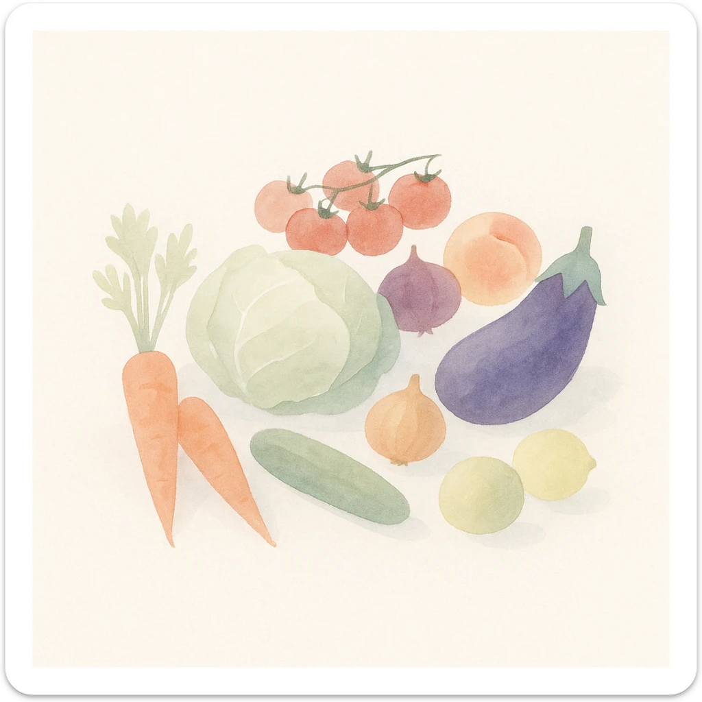 soft watercolor illustration in a minimalist modern style of vibrant colorful fresh vegetables and fruits arranged in a market display, morning light, pastel colors, delicate linework, gentle whimsical mood, minimal soft shading sticker