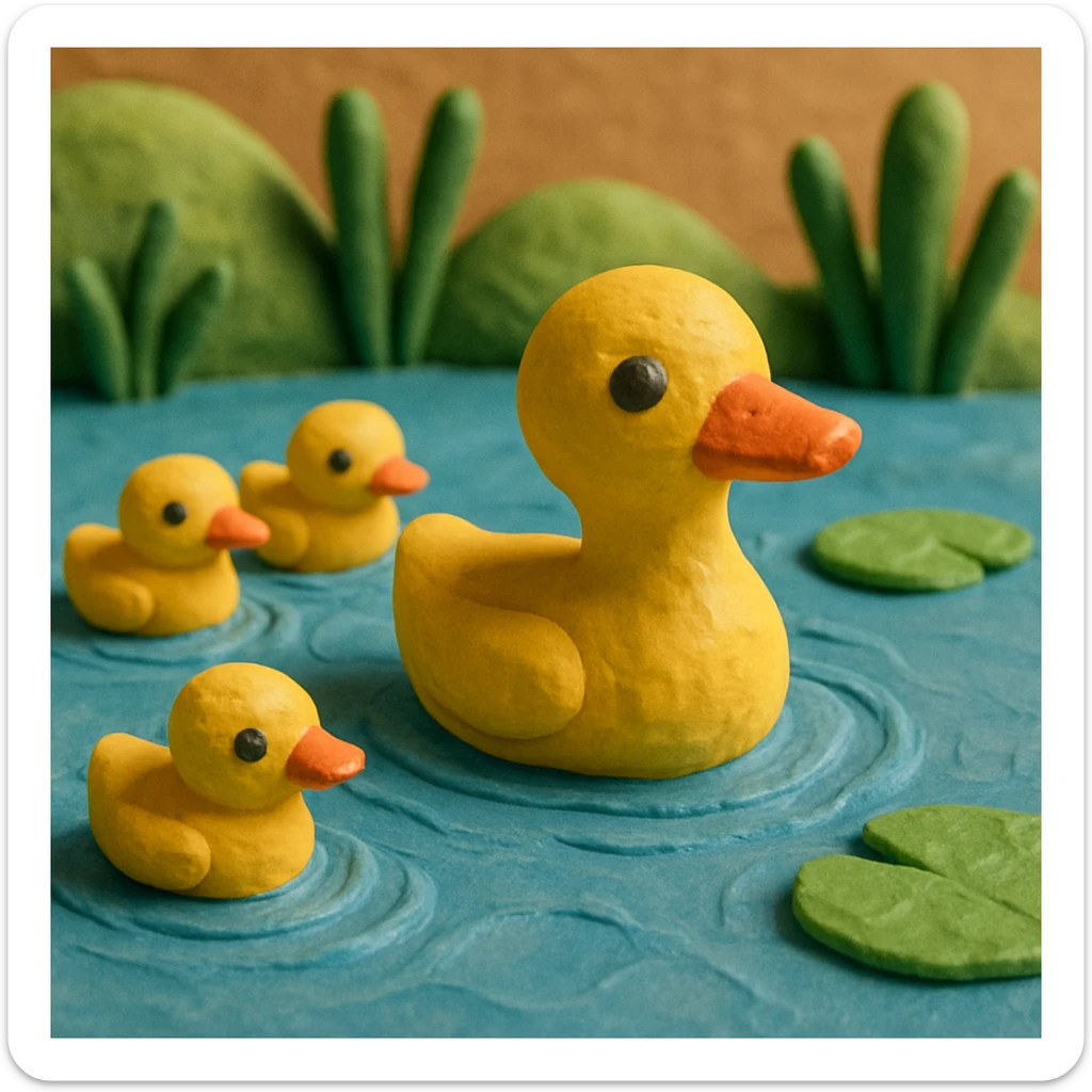 duck family swimming in a pond, vibrant colors, soft lighting, textured look, claymation style sticker