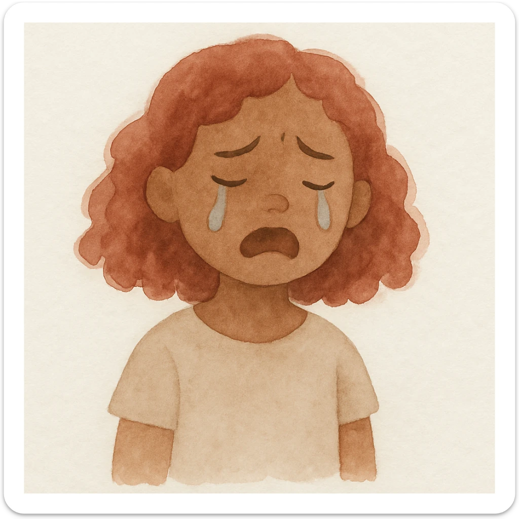 menina parda, cabelo cacheado avermelhado até os ombros, chorando, estilo aquarela suave sticker