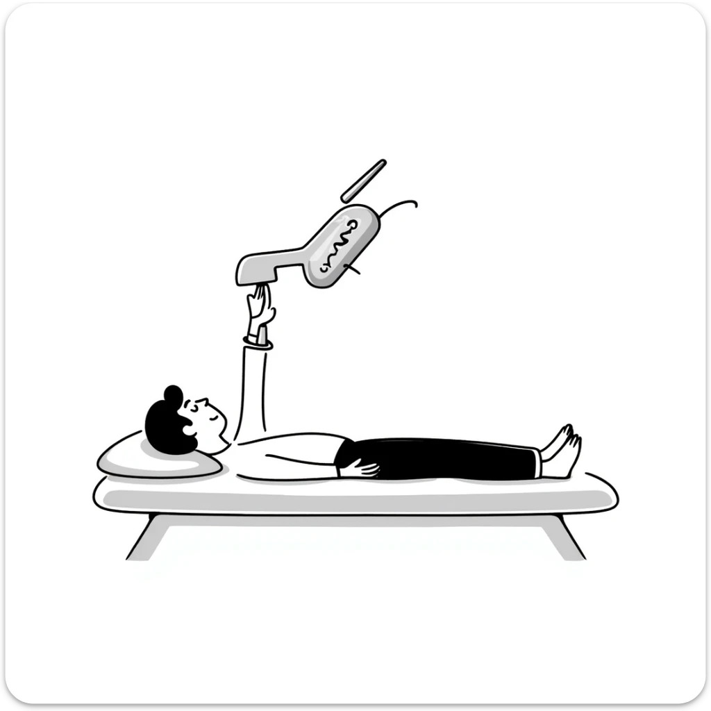 Detailed illustration of DEXA scan procedure with male patient lying on table, bone density measurement machine with scanning arm positioned over patient's body sticker