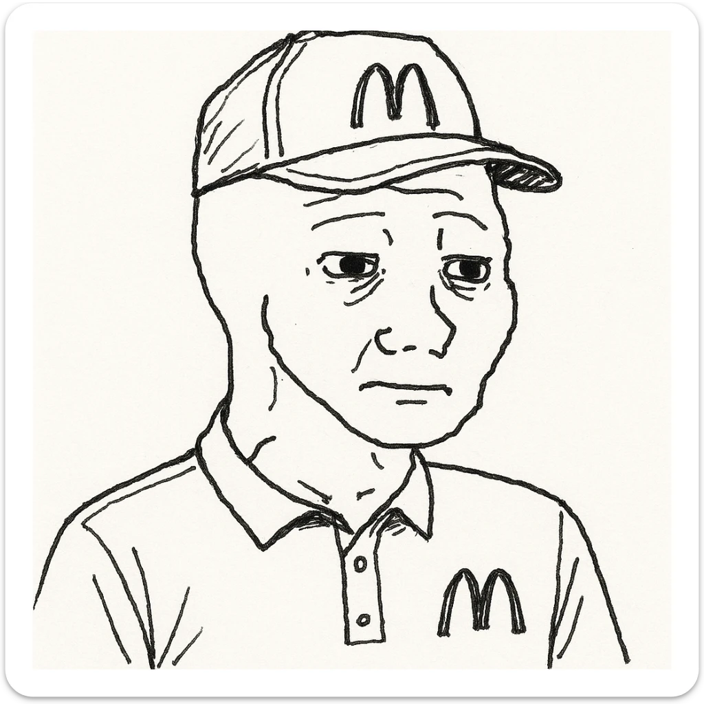 wojak meme style illustration of a McDonald's worker, wearing a McDonald's uniform and hat, simple background sticker