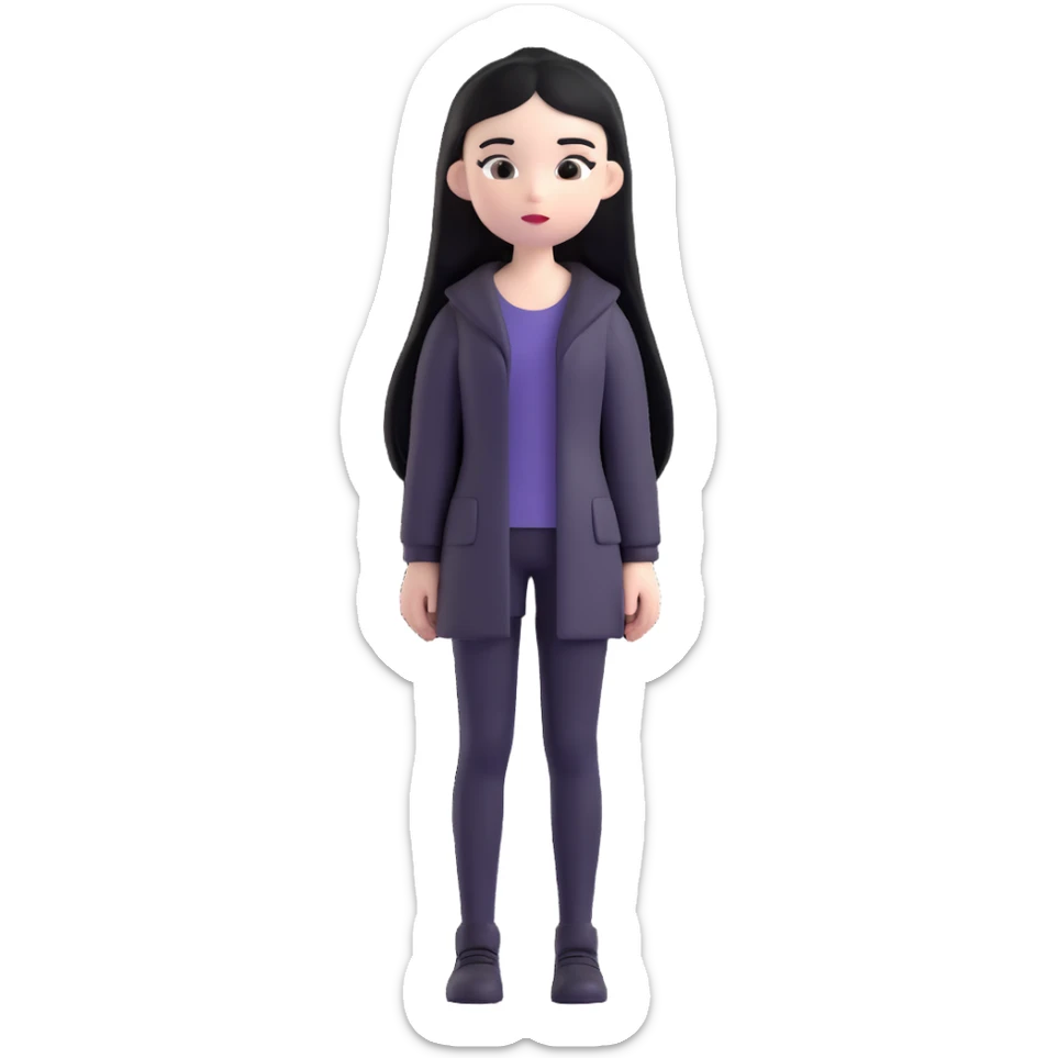 full body emoji of a girl with pale skin, long straight black hair, dressed in all black, standing still, simple background sticker
