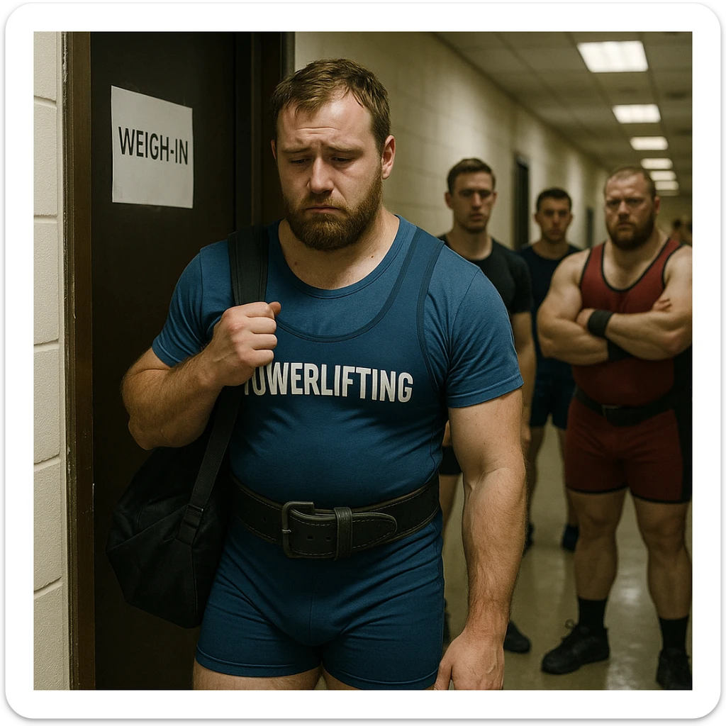 realistic European powerlifter in competition clothing, leaving weigh-in room with bag on shoulder, sad look, other athletes watching, atmosphere of exclusion, detailed, corridor or competition area background sticker