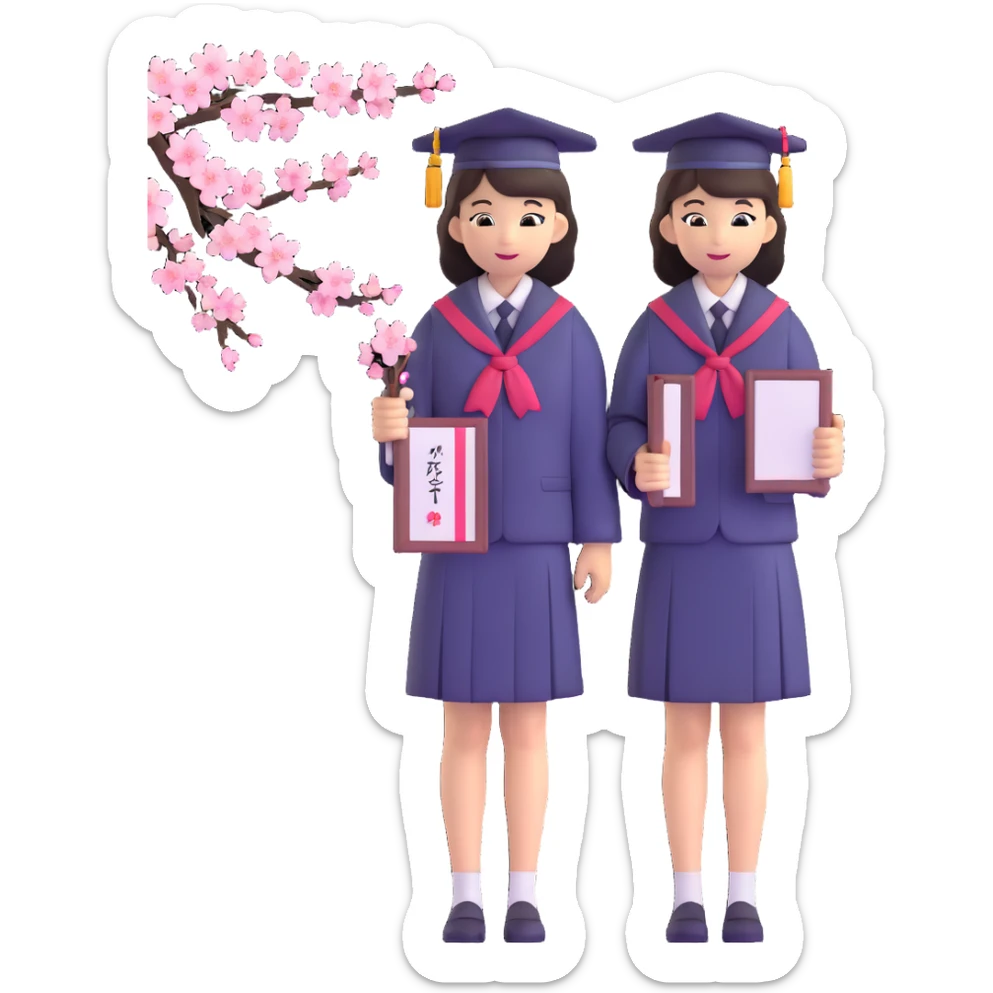Japanese female high school graduate in school uniform with cherry blossoms and diploma sticker