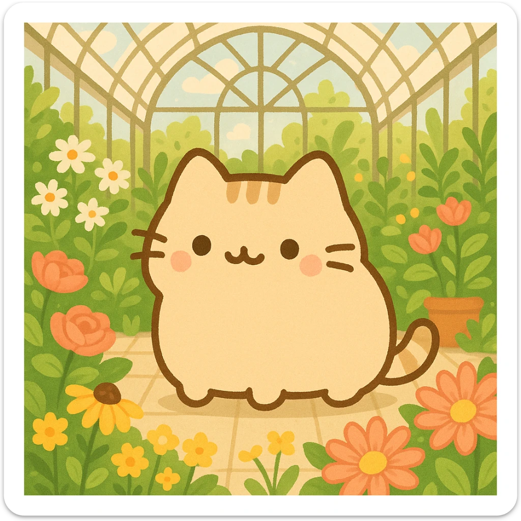 beige blonde kawaii pusheen-style kitten in a botanical garden greenhouse filled with flowers sticker