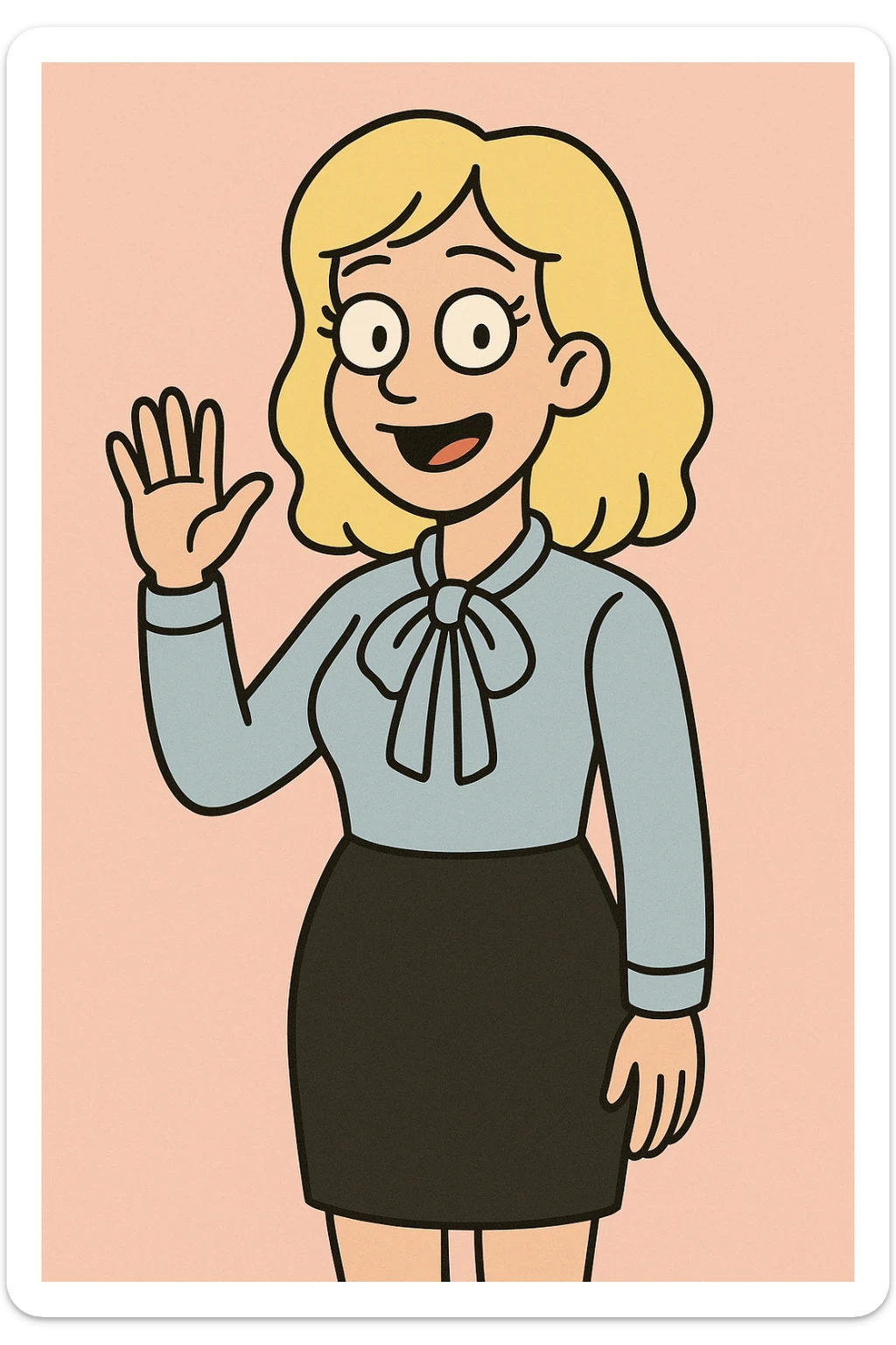 A woman light yellow hair Sky pink Flavia Pussy Bow Blouse Black Numana Straight Skirt a hand say hello sticker