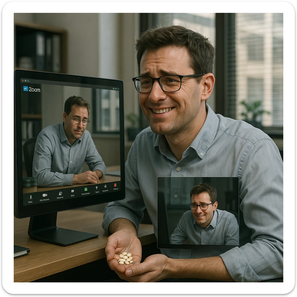 Man in his mid-30s on a work Zoom call, pretending to smile, hidden hand clutching caffeine pills under the desk, screen reflection shows collapsed posture while virtual avatar is upright and energetic, hyperrealistic 4K, office environment, subtle tension sticker