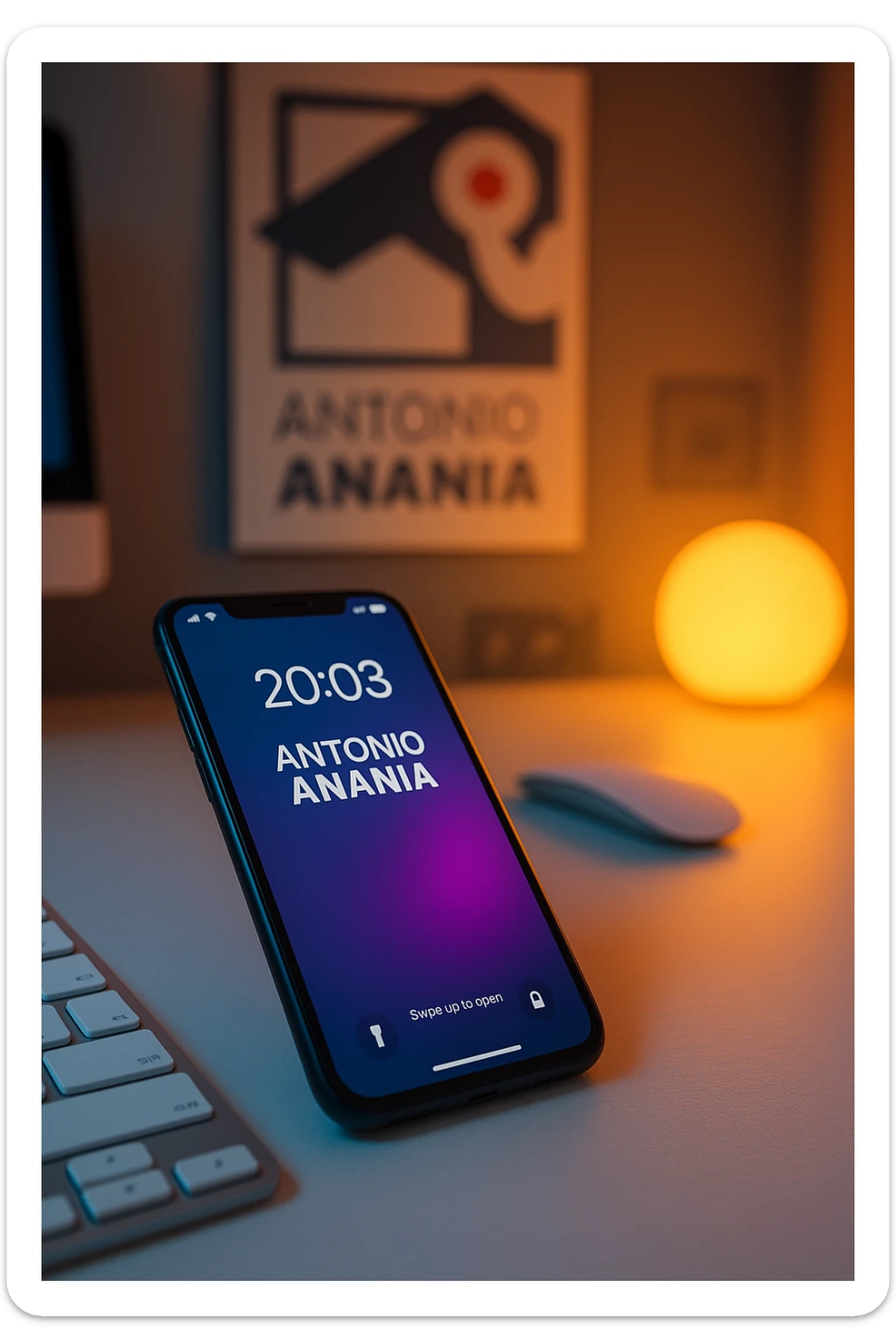 A photo of an iPhone on the desk with the message "Antonio Anania" on its screen, The phone sits atop a desk with a blurred with the logo in the background that suggests work environment. A faint glow from above casts gentle shadows across the surface of each object, creating depth and highlighting their textures sticker