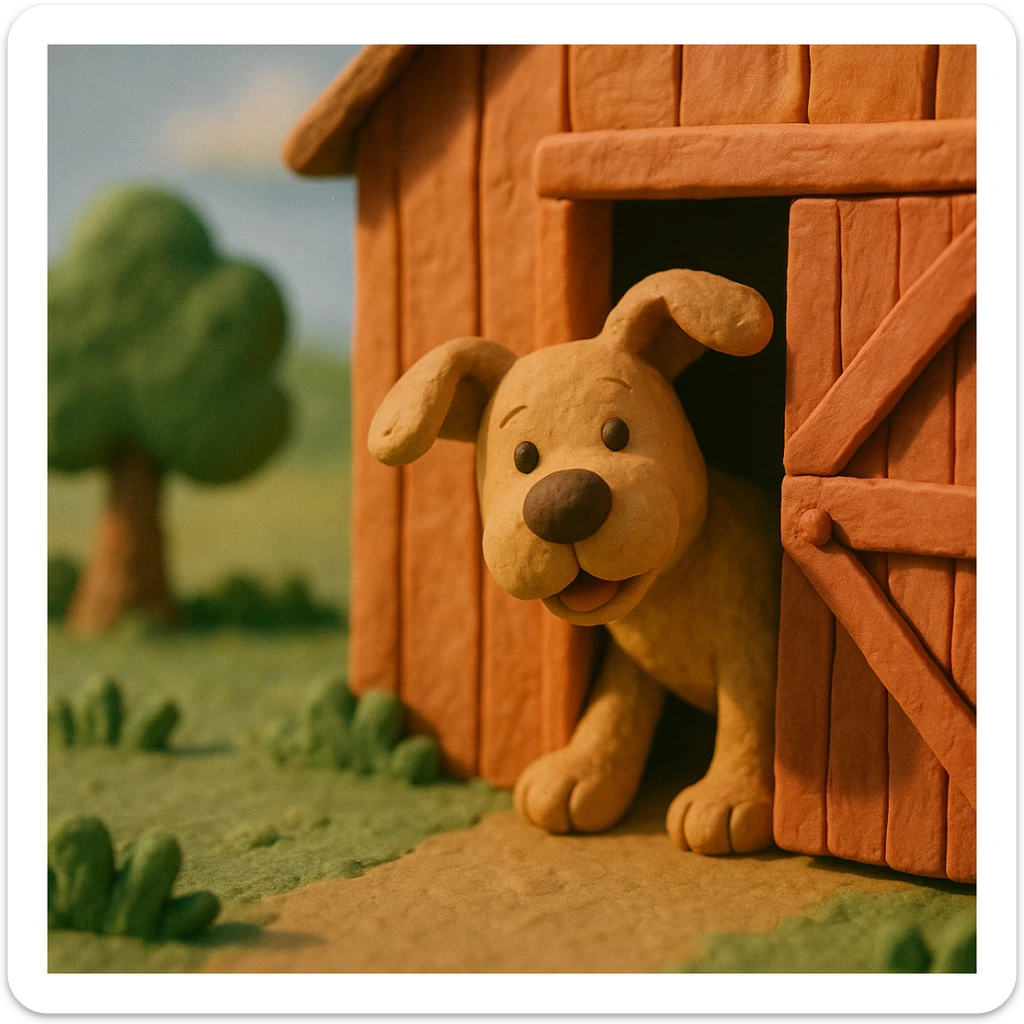 dog peeking out of a barn door, playful and cute, hand-molded details, claymation style sticker
