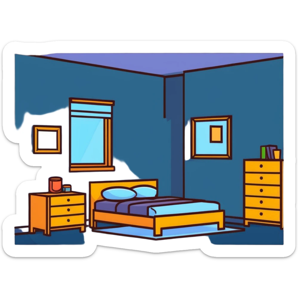 small bedroom with cute decor, cozy space aesthetic, pastel colors, plush toys, charming details sticker