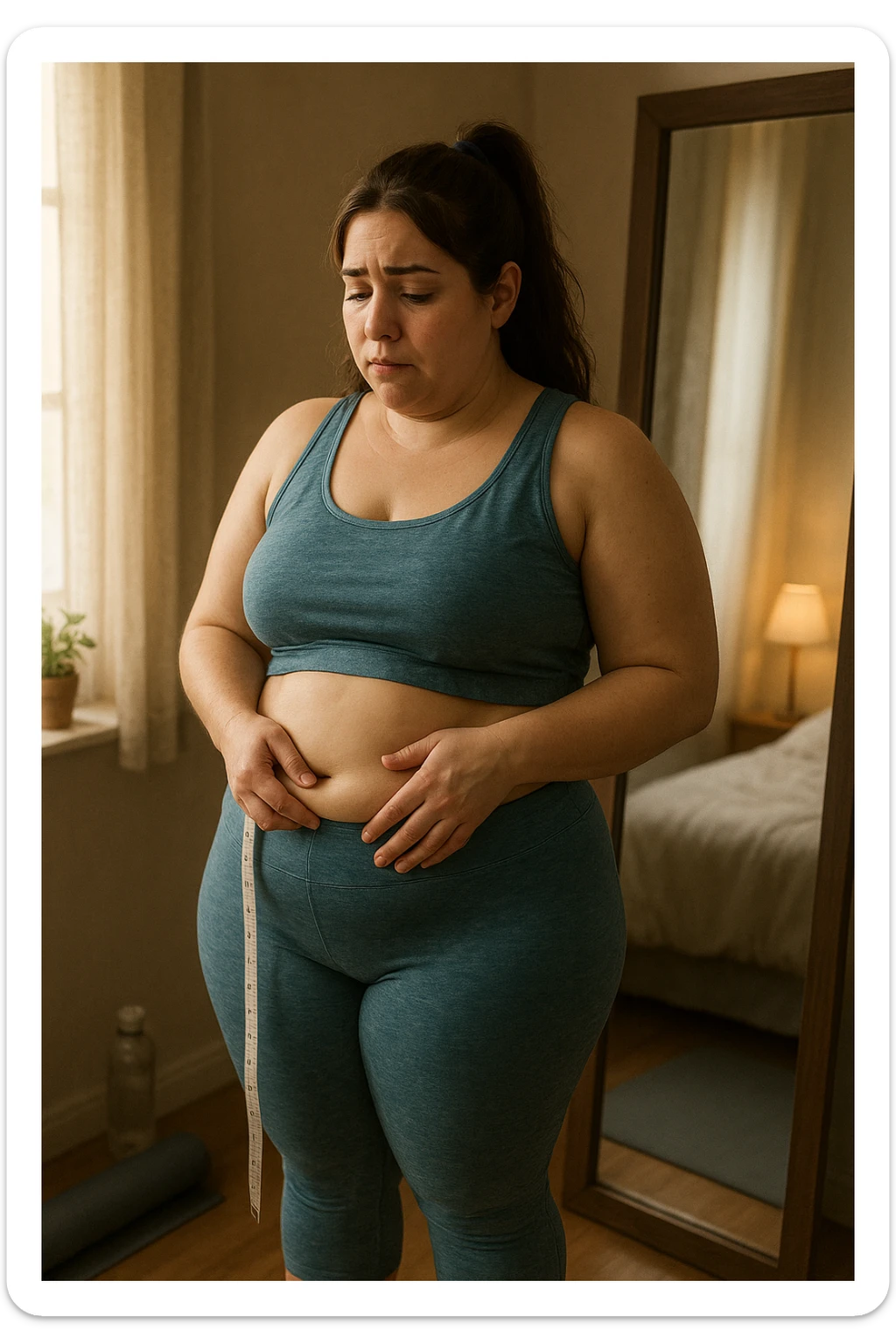A realistic, cinematic illustration of a woman in her early 30s with a slightly rounded body shape, standing in front of a mirror in a softly lit bedroom, looking at her reflection with a thoughtful, slightly discouraged expression. She is wearing comfortable home workout clothes, holding a tape measure in one hand loosely, while her other hand gently touches her belly area, showing her frustration with slow weight loss progress. The room is cozy, with natural light filtering in, a yoga mat rolled up in the corner, a water bottle, and a small plant on the windowsill. The scene captures the emotional struggle and quiet determination of a woman facing difficulties in losing weight despite her efforts, with warmth and dignity. sticker