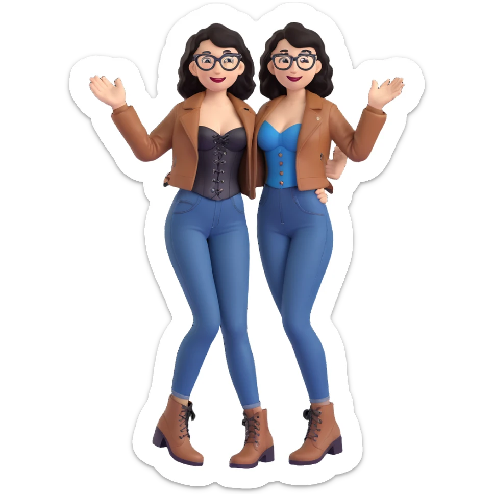 3D animated drawing of a slim, light-skinned woman with wavy black hair and square-shaped glasses, wearing a black corset dress with a brown leather jacket, blue jeans, and brown ankle boots, smiling and waving sticker