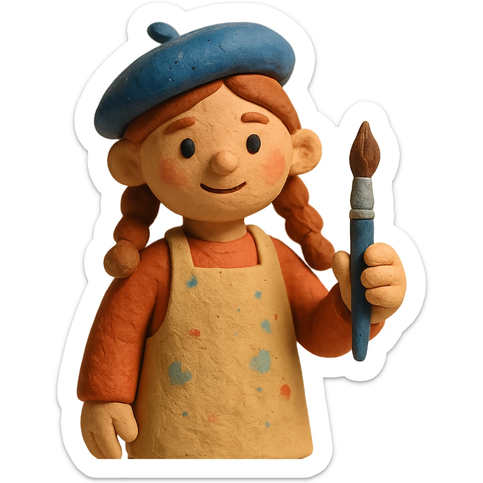 girl artist character wearing a beret and apron holding a paintbrush sticker