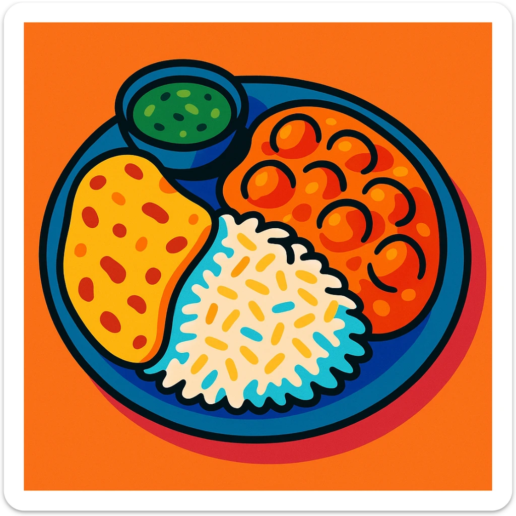 a plate of Indian food, vibrant and colorful, showing rice, curry, naan, and chutney, modern illustration style sticker