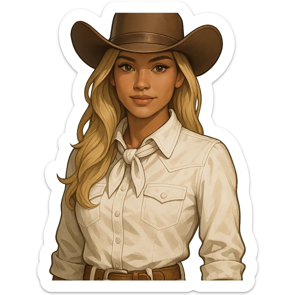 cowgirl character, blonde long hair, brown eyes, tanned, white attire, classic cowboy hat sticker