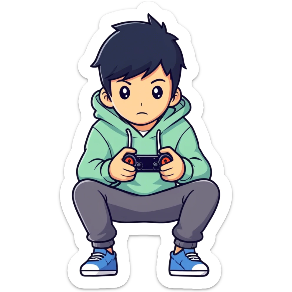 Cool boy kid with black hair and a cool hoodie and playing video games  sticker