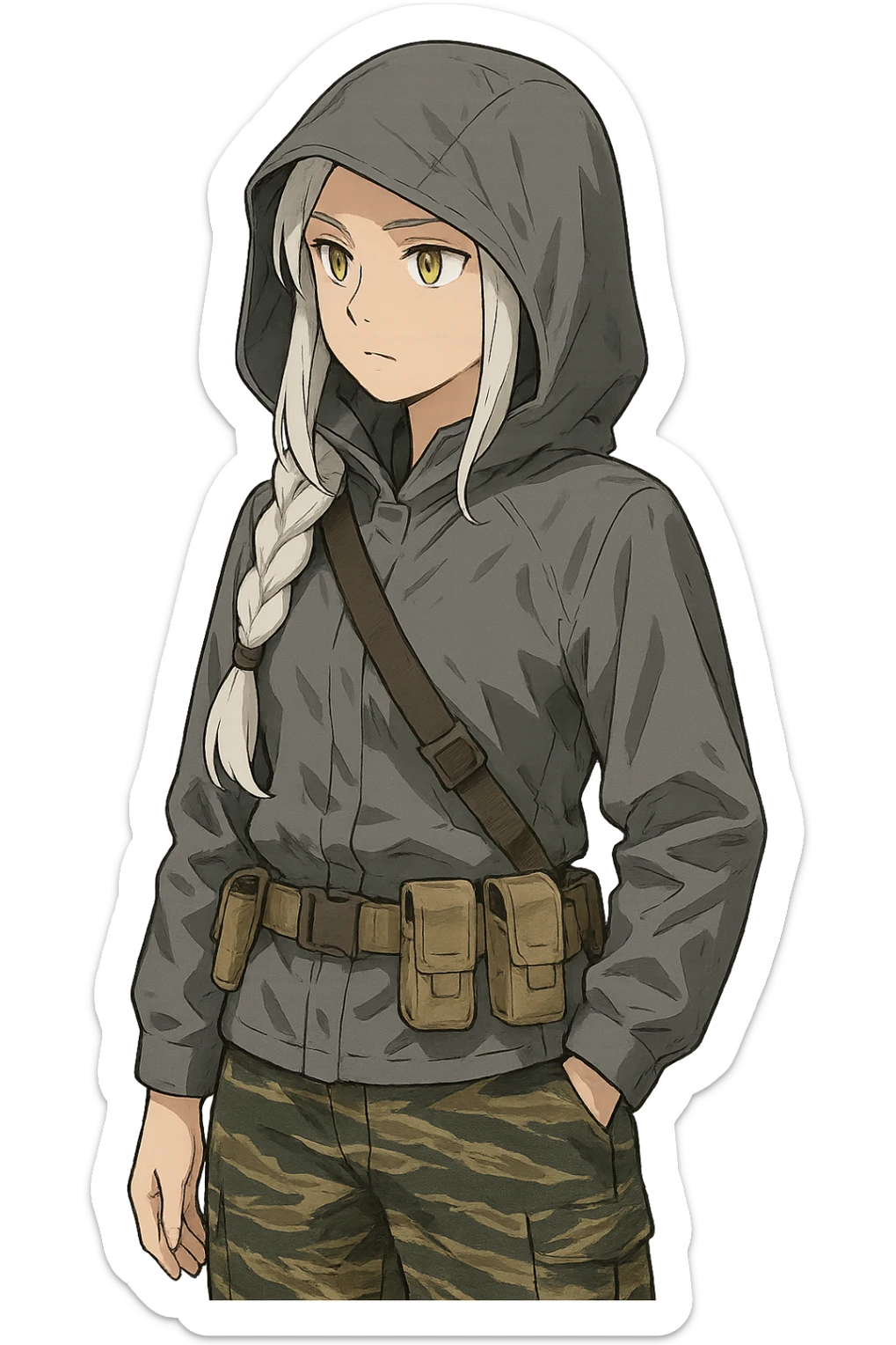 1 female, mid-20's  white hair long braid, gold yellow eyes, gray waterproof tactical shirt hoodie, hood up, single point sling, tan mag pouches on belt rig, tiger stripe camo pants,  sticker