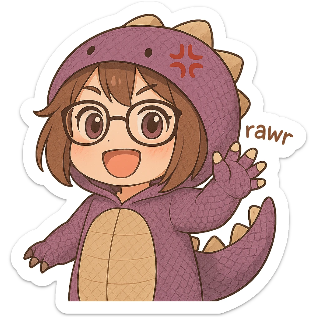 Chibi anime style girl with glasses, brown hair, dark purple eyes, wearing a purple dinosaur costume with detailed features including scales, textured belly, small claws, and a patterned tail, saying 'rawr' in a cute playful way, no background. Match the style of the reference image. sticker
