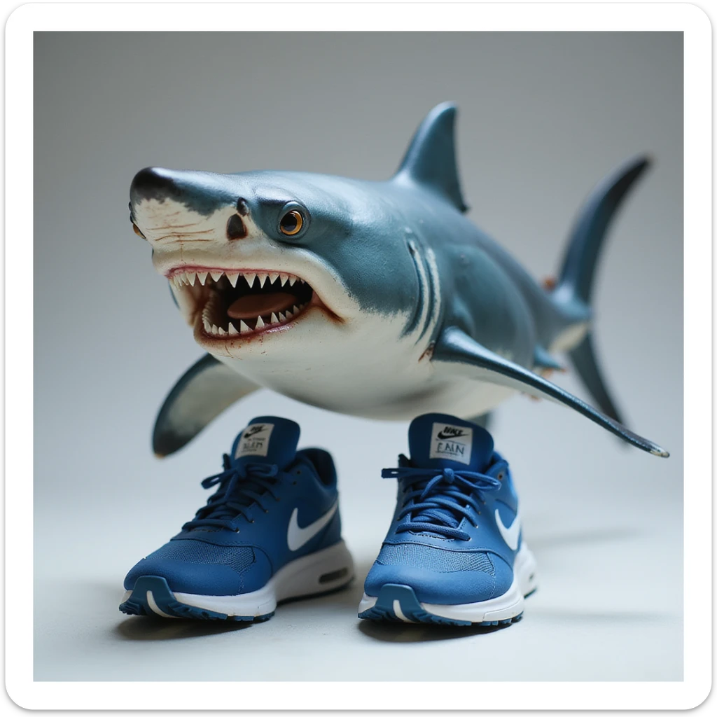 a realistic shark wearing blue Nike shoes, detailed and lifelike sticker