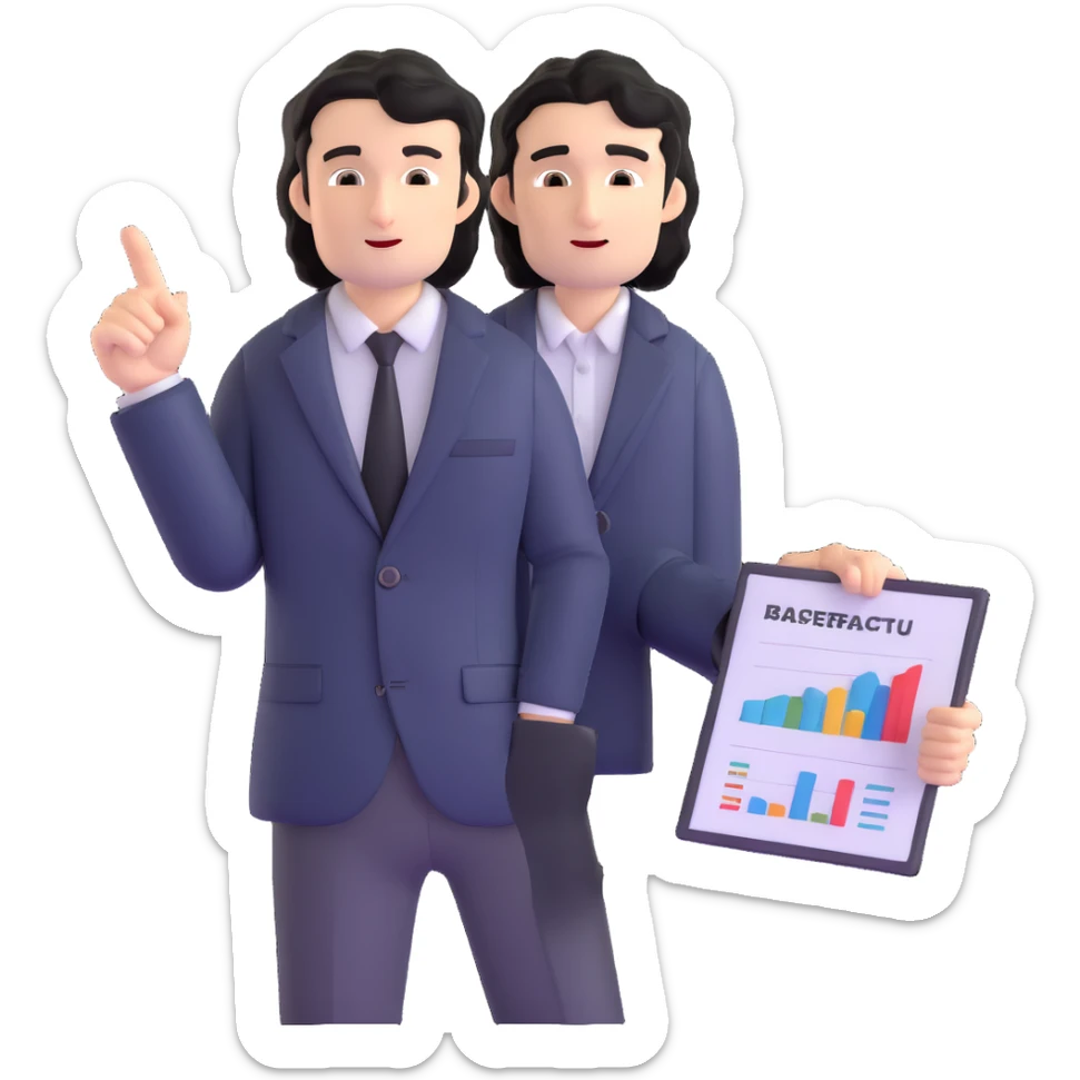 Business strategist man with black wavy hair, stubble, chiseled face, wearing blazer and button-up shirt, standing and pointing at charts while consulting with seated clients, confident leadership expression sticker