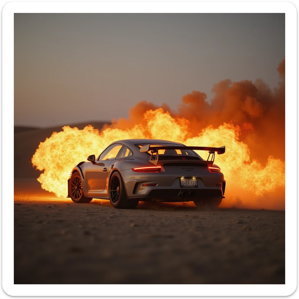 Cinematic shot, Porsche 911 gt3 rs in fire, desert sticker