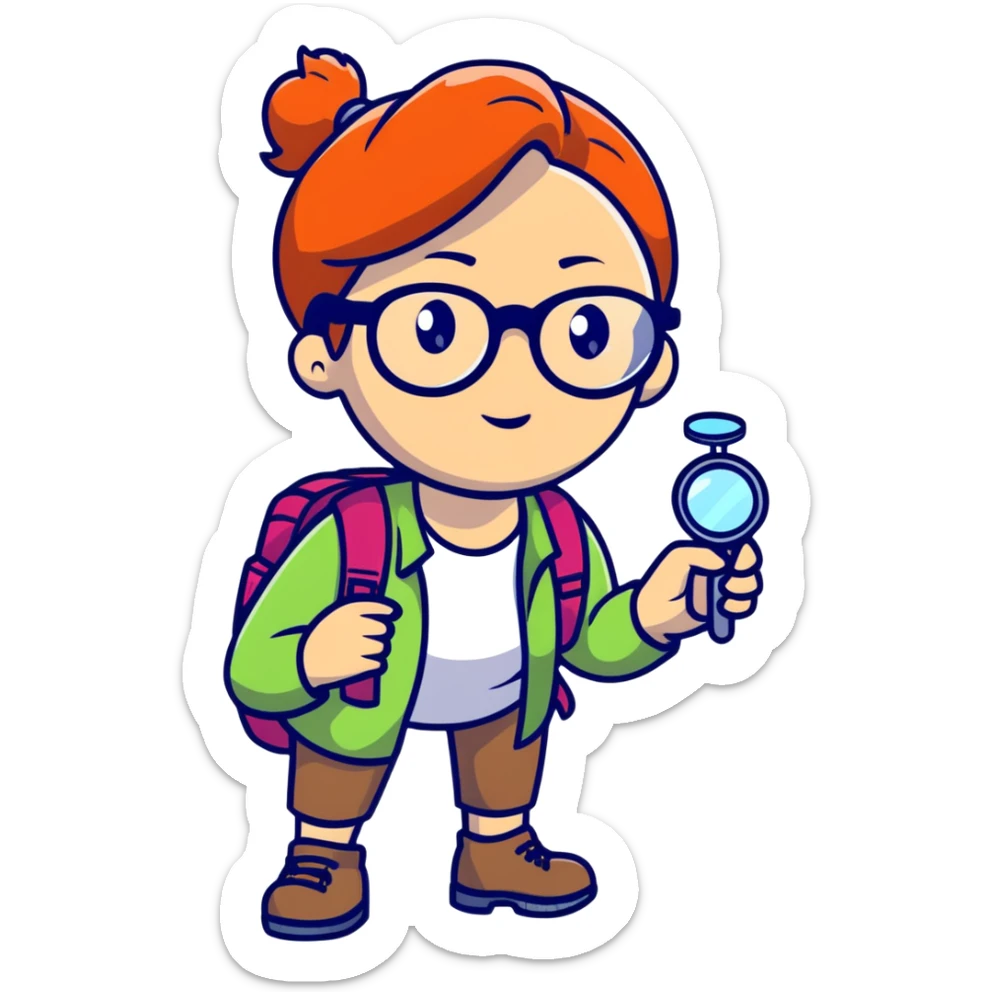 Adventurous woman scientist in her late 30s, glasses, vibrant hiking gear, examining with one magnifying glass, bold colorful style sticker
