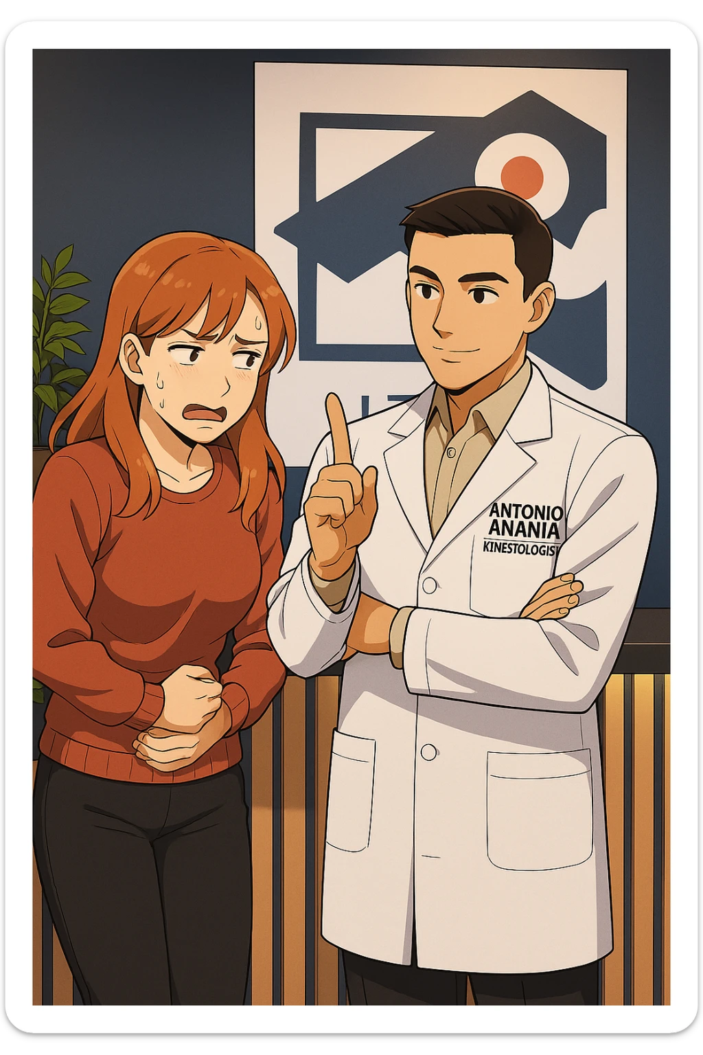 su questo stile fai un manga/webtoon a colori in cui una donna PREOCCUPATA FA UNA DOMANDA ALL'UOMO, l'uomo della foto in stile manga LE DICE DI "NO" CON IL DITO, mantieni un ambiente simile alla foto che ho allegato con il suo logo (sarebbe il suo studio, lui è un kinesiologo), scrivigli "ANTONIO ANANIA" sul camice bianco, non mettere fumetti, ma fai in modo che sembri che la donna CHIEDA ALLARMATA E L'UOMO LA TRANQUILLIZZI sticker