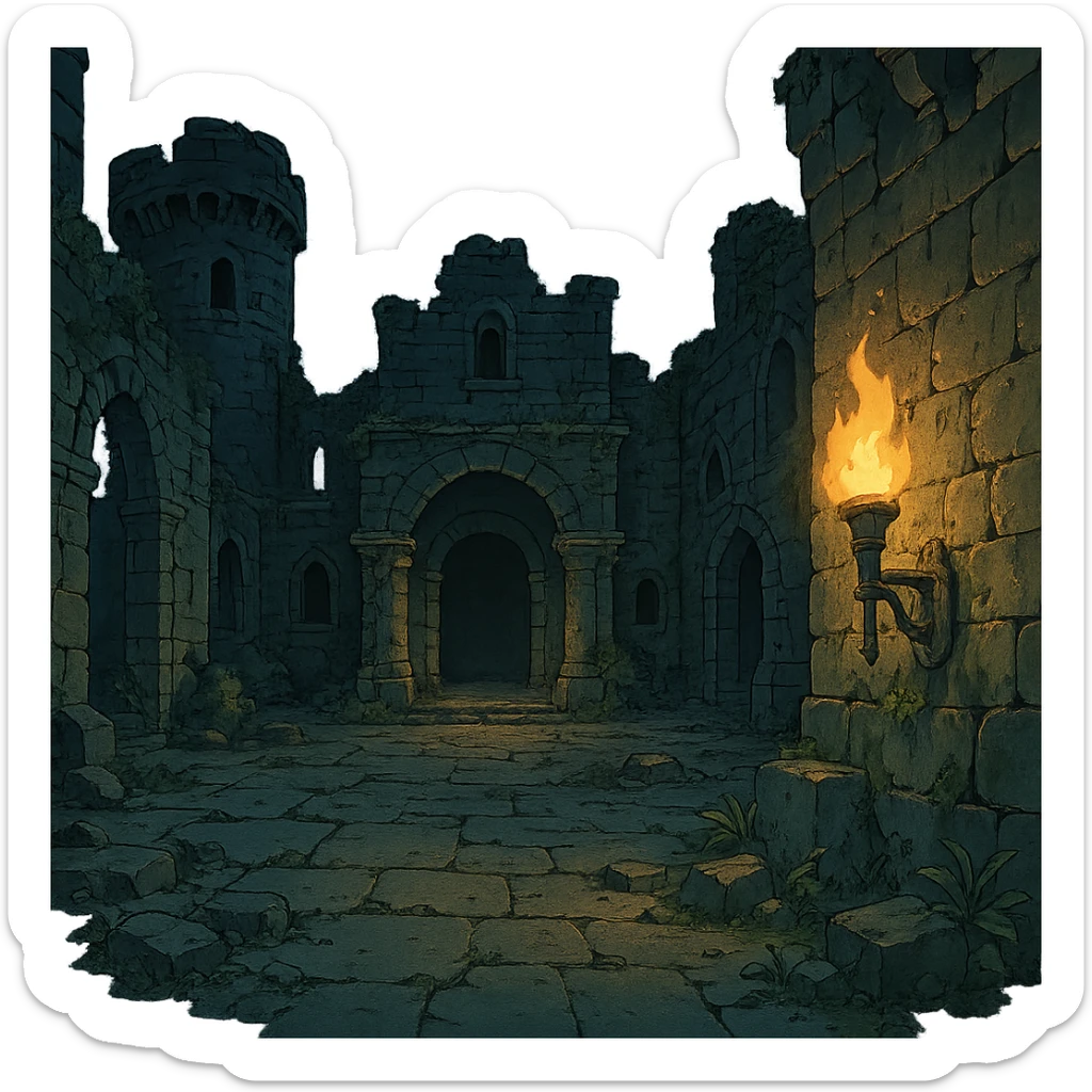 Midnight castle ruins torchlit courtyard sticker