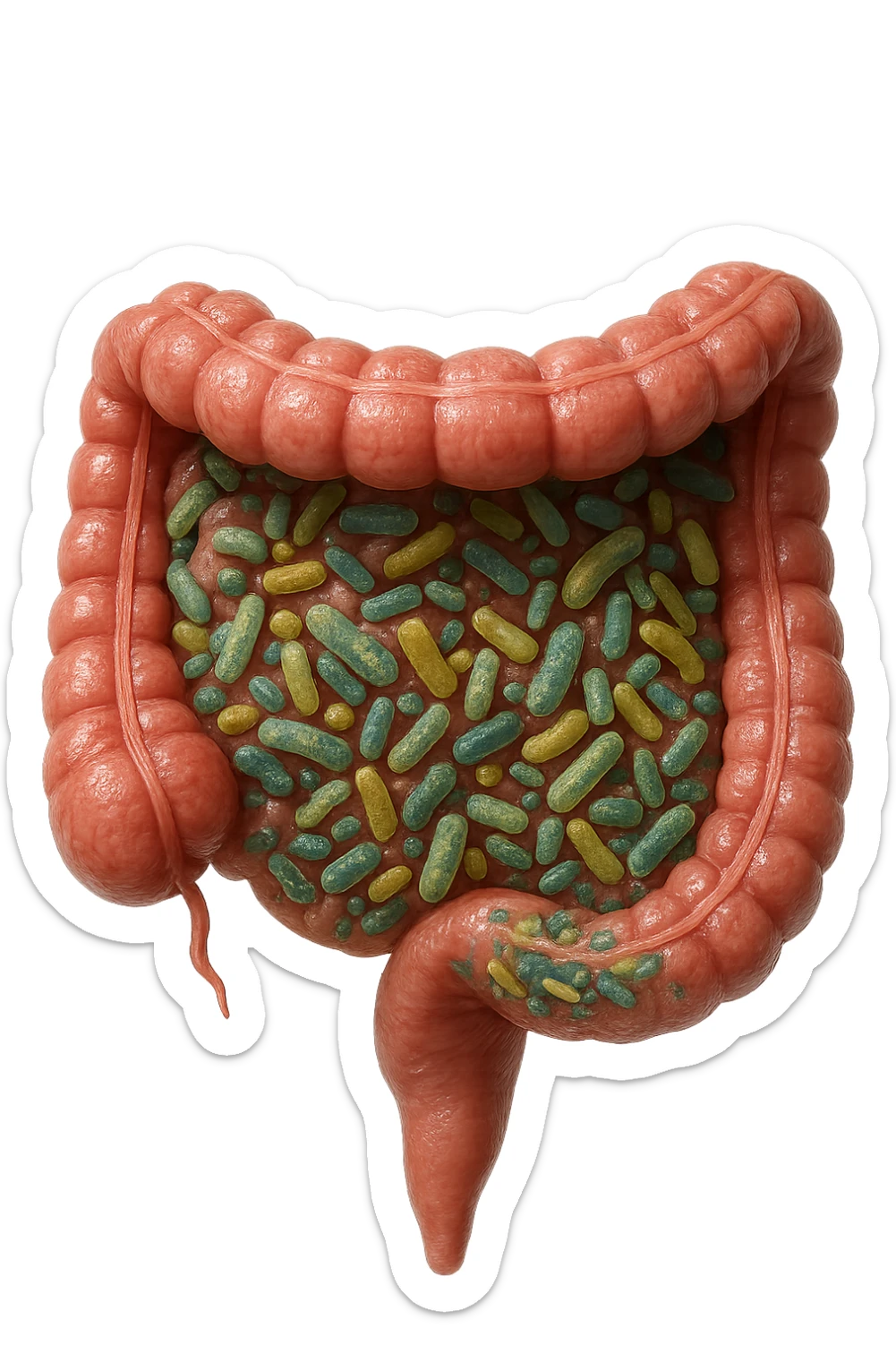 INTESTINO UMANO ANATOMICO CON ALL'INTERNO PIENO DI BATTERI INTESTINALI, IPERREALISTICO 4K sticker