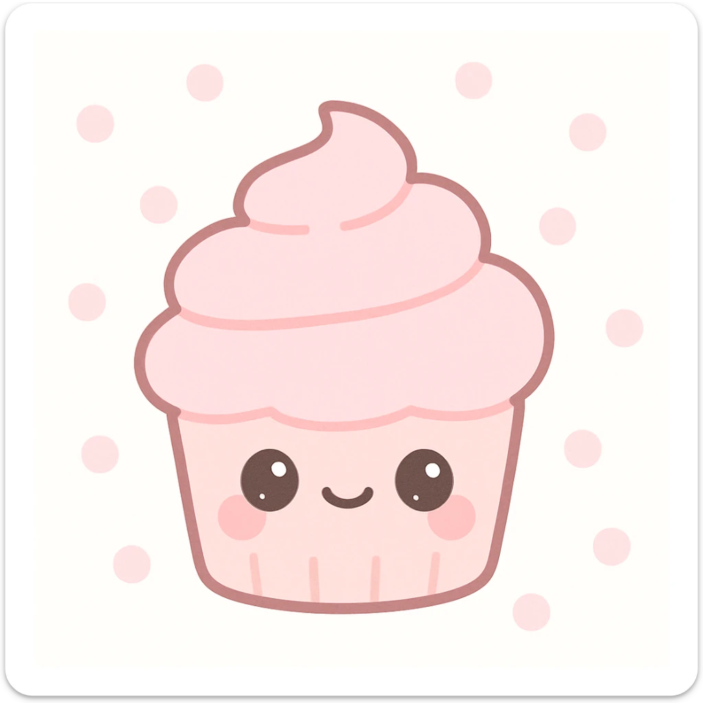 charming pink cupcake with a happy face, kawaii style, pastel pink frosting, cute details sticker