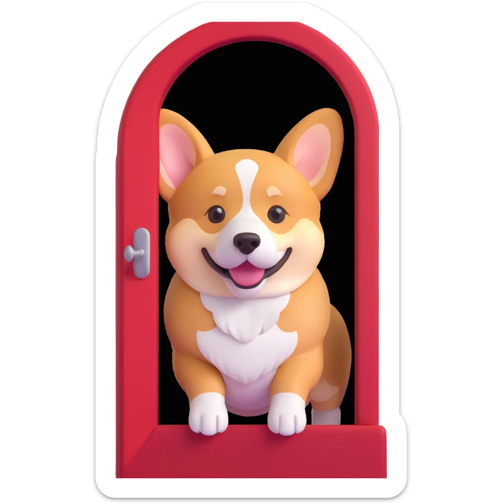 red dog house with a Corgi dog visible through the doorway, 3D emoji style sticker