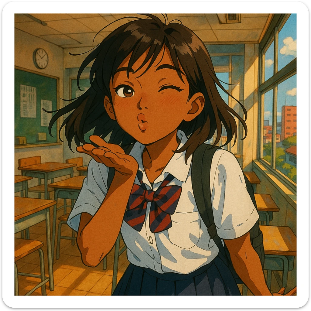 Japanese brown-skinned high school girl in a Tokyo school uniform, giving a mischievous kiss, inspired by romantic anime set in a Tokyo high school, expressive and playful pose, vibrant colors, detailed background with hints of a Japanese classroom or cityscape sticker