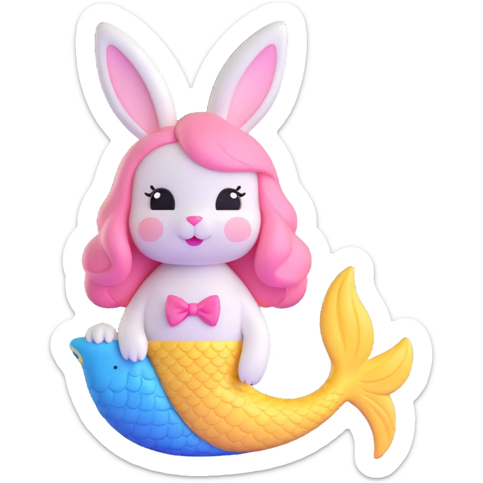 cute white bunny with pink ears and nose, mermaid tail blue and yellow with fish scales, soft rounded glossy style, 3D iOS-style illustration sticker