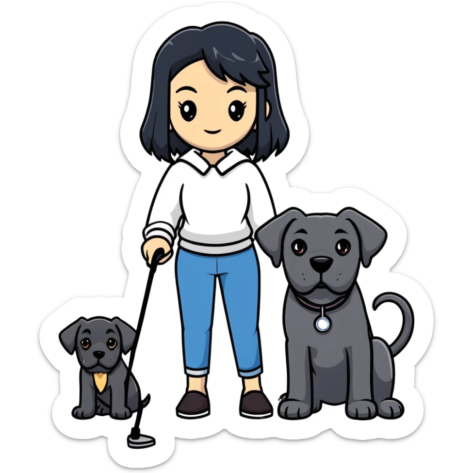 Woman with long black hair holding a black Cane Corso dog with cropped ears sticker