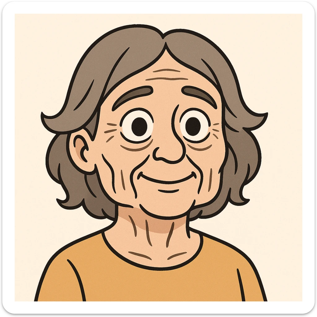 soft cartoon style woman emoji with facial sagging, loose skin on cheeks, kind expression, light background sticker