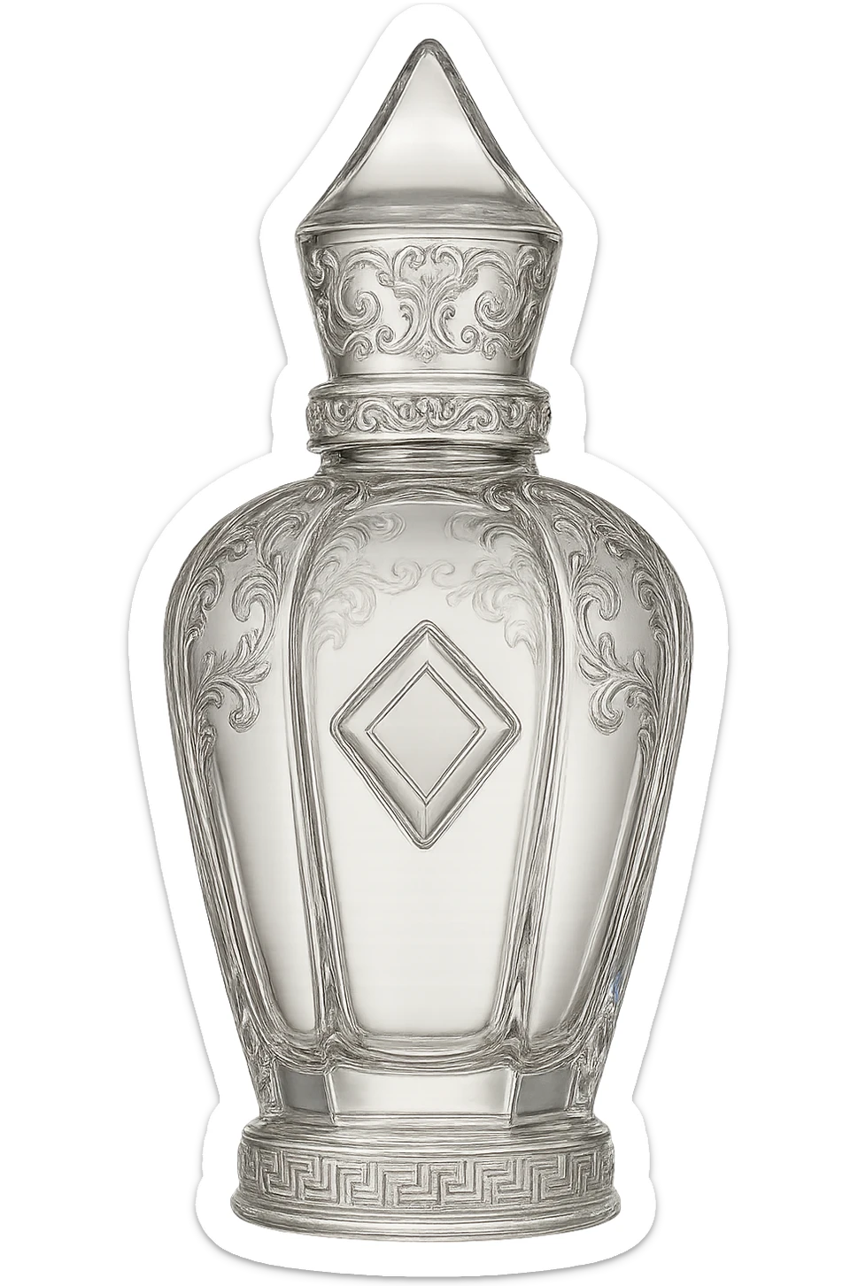 Refine this perfume bottle to closely resemble the shape and ornate details of Xerjoff's 'La Capitale' fragrance bottle, keeping the style elegant and luxurious, with no characters or text, and a transparent background. sticker