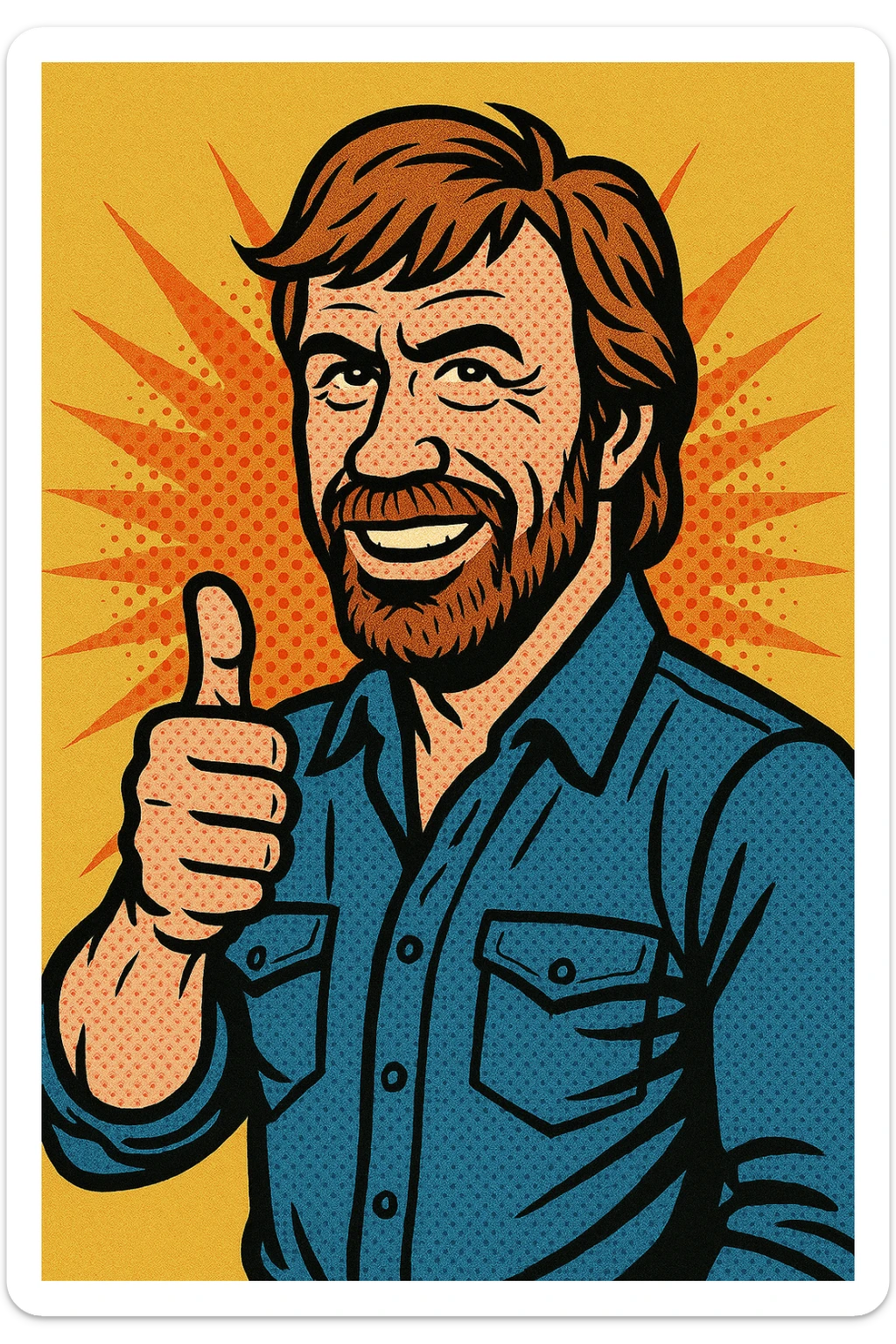 caricature style Chuck Norris with a thumbs up, strong jawline, over-the-top heroic pose, vibrant and energetic sticker