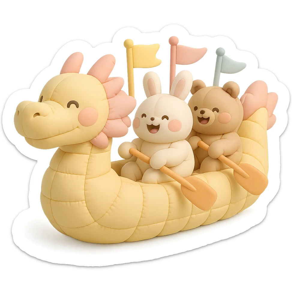 chubby dragon boat with cute animal rowers paddling joyfully, pastel tones, festive background, cushion style sticker