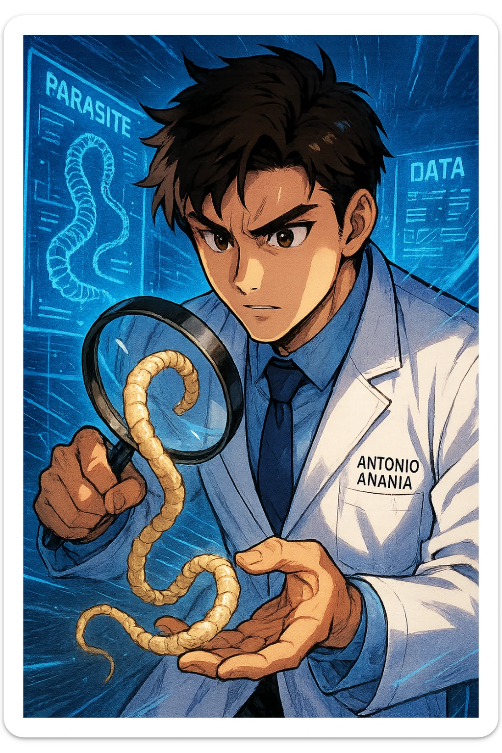 A dynamic manga/webtoon-style illustration of a young male kinesiologist wearing a clean white lab coat, analyzing light beige worms like a tapeworm under a magnifying glass. His expression is focused and slightly intrigued, with sharp, detailed eyes. The art style is vibrant, with bold linework, rich colors, and dramatic lighting. The background is a futuristic laboratory with glowing holographic screens displaying parasite data. The tapeworm is intricately drawn, slimy and segmented, with a slightly exaggerated yet realistic texture. The composition is dynamic, with motion lines or energy effects to emphasize his scientific investigation. The atmosphere is intense but not dark, keeping a balance between scientific seriousness and stylish manga aesthetics, he has "ANTONIO ANANIA" WRITTEN ON WHITE LAB COAT sticker