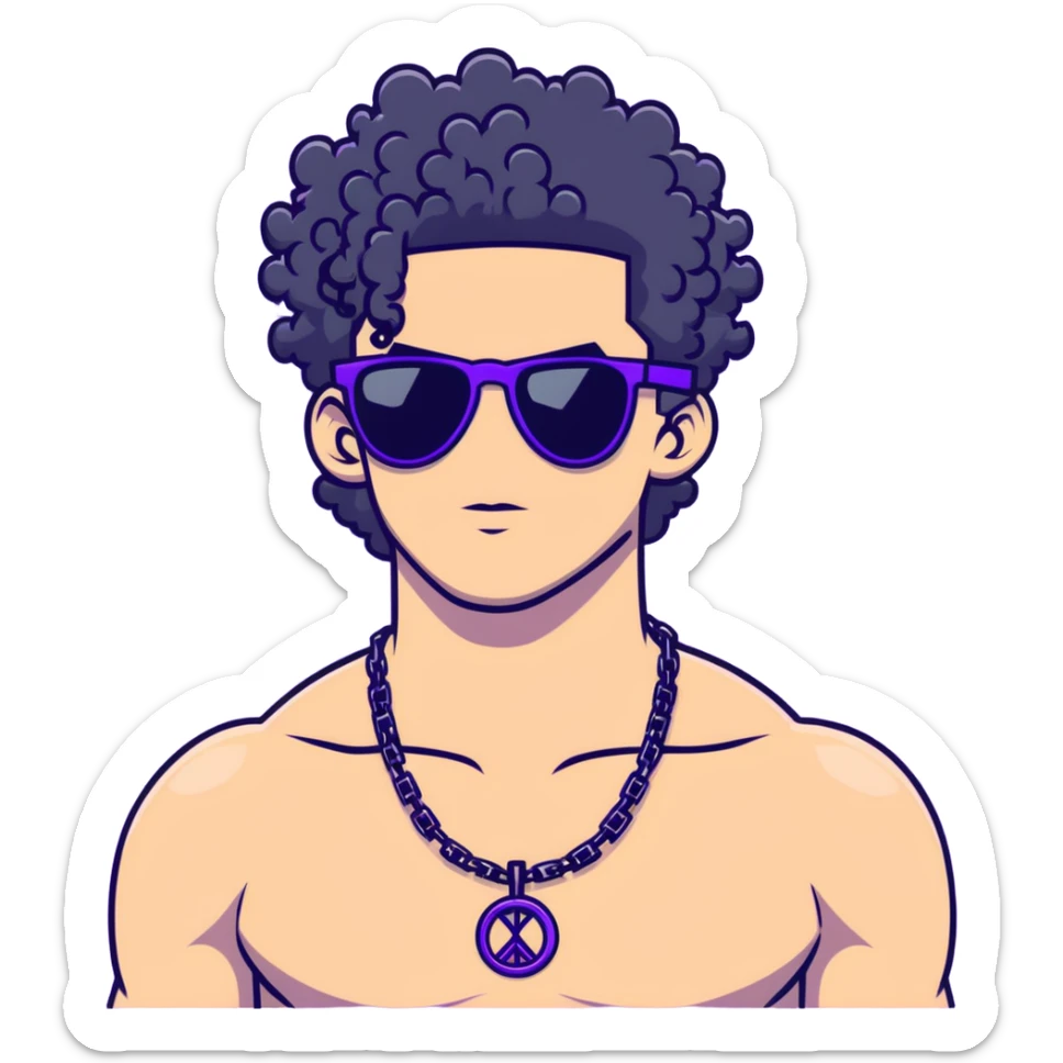 shirtless male athlete with white skin and moderately curly black hair on top with shaved sides, wearing purple sunglasses with very dark heavily tinted black lenses that completely hide the eyes, and a plain black chain necklace sticker
