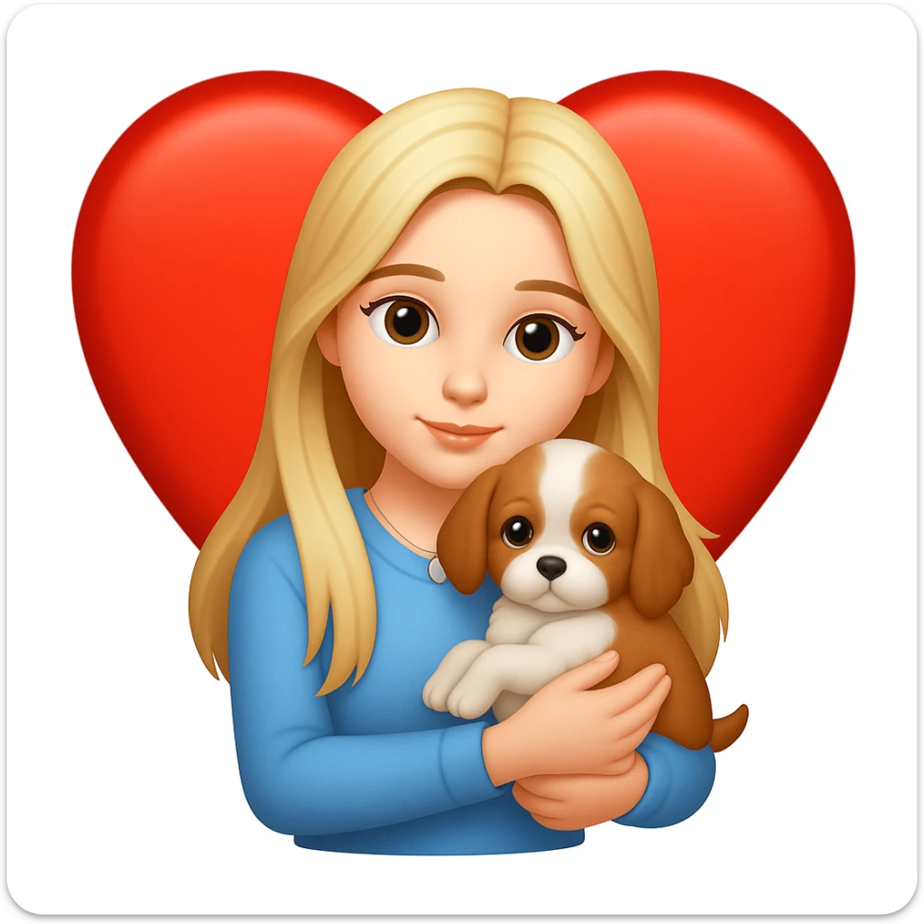 Add a heart background behind the girly girl with long hair holding a puppy in the style of emoji (apple style emojis). Keep the emoji style look and feel. sticker