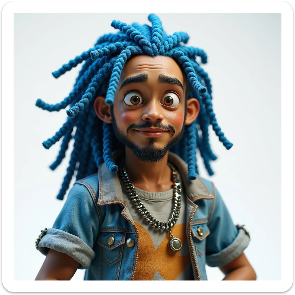 lifelike character with blue dreadlocks and a stack of money, realistic AI style sticker